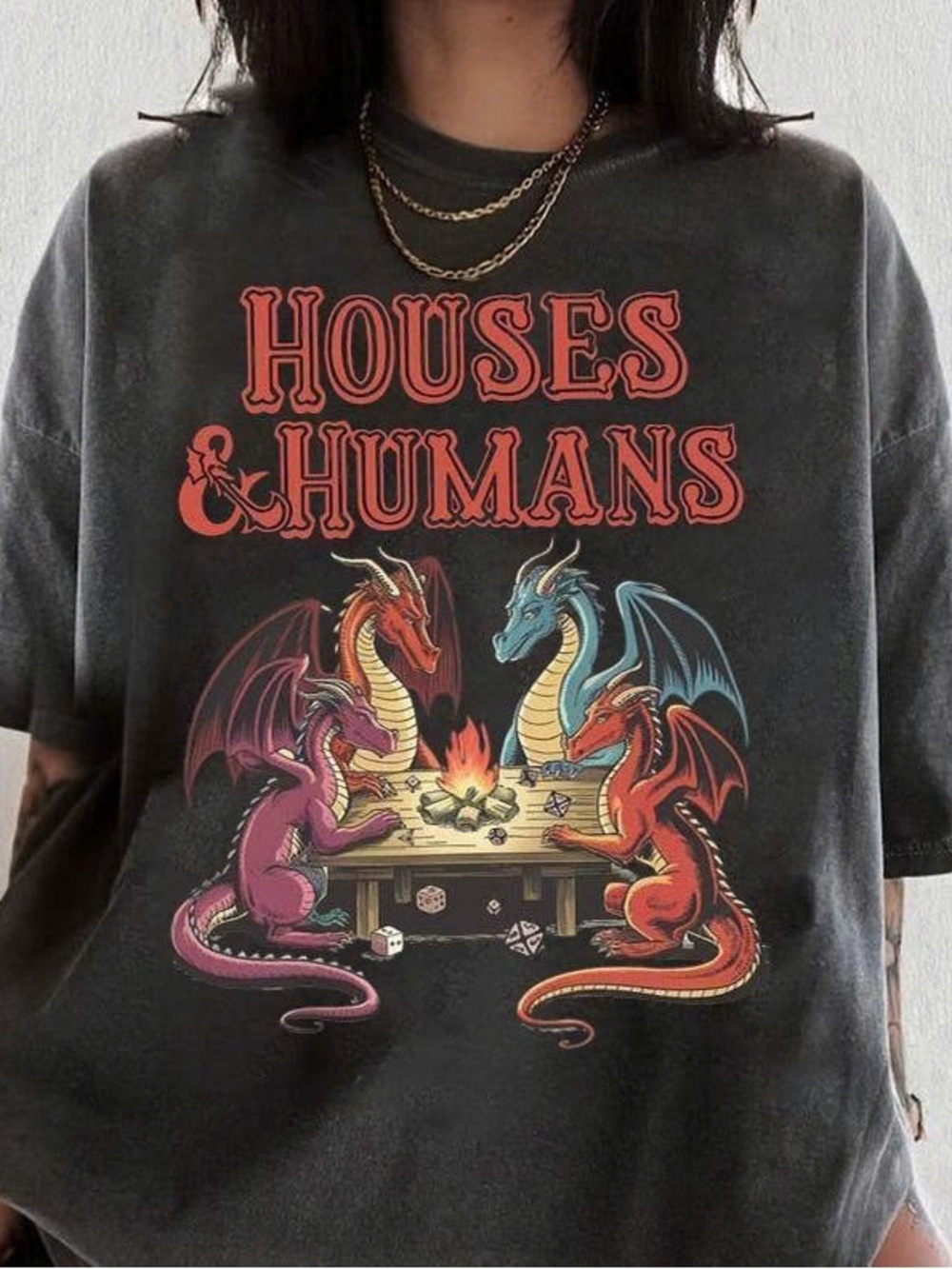Black "Houses & Humans" Dragon Graphic Tee - Unbranded